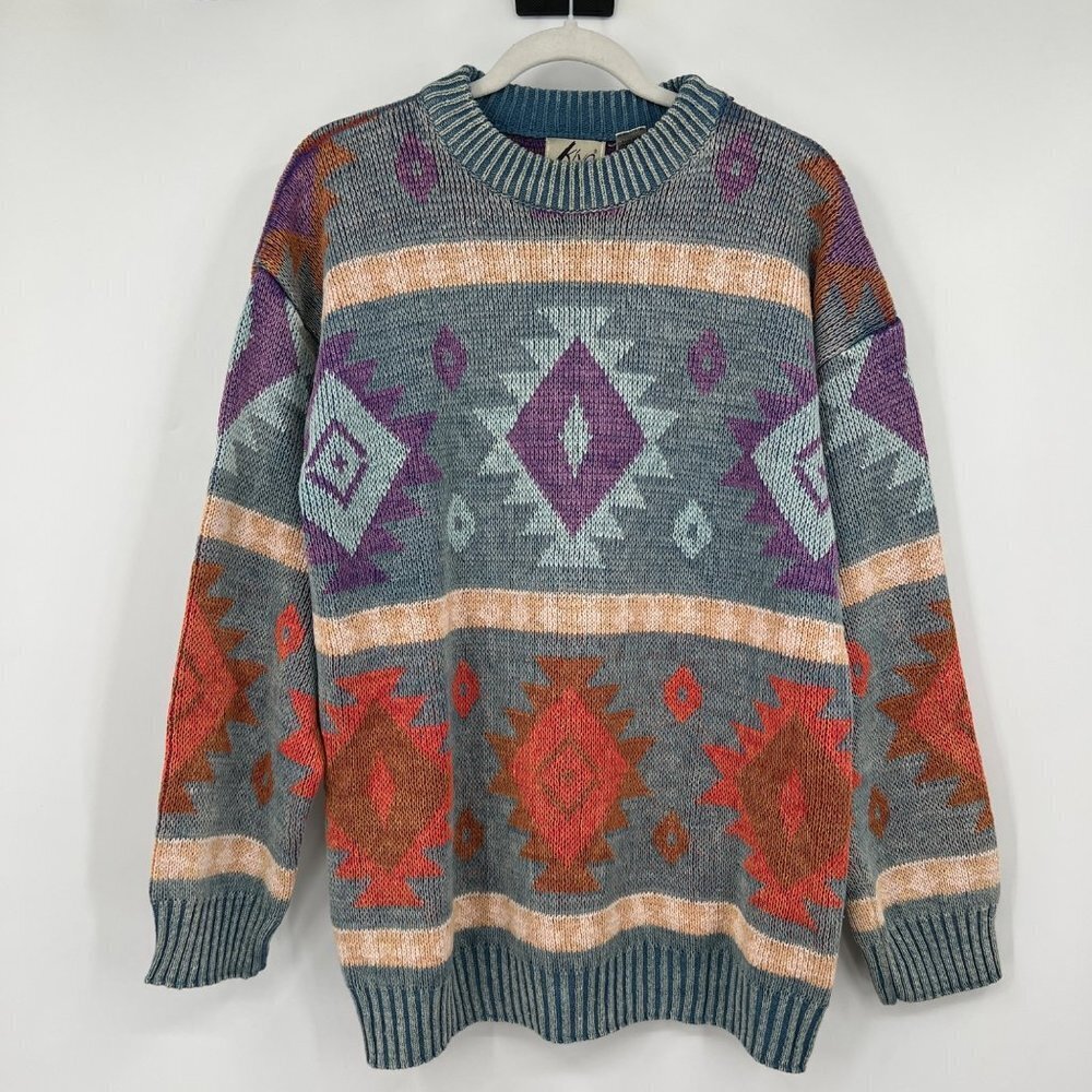 Vintage Kiya 80s 90s sweater grandpa aztec tribal geometrical print men's size m - Picture 1 of 12